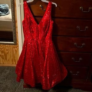 V-neck Red sequin ball gown- right above the knee- worn for 1 hour
